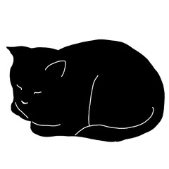 Relaxed cat silhouette sitting with paws tucked in - black and white illustration