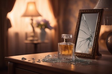 Cracked mirror in dim room with domestic violence signs and emotional symbolic storytelling