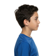 Profile of a boy in blue shirt isolated on transparent background