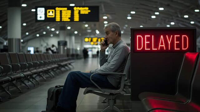Man Talking on Phone Waiting at Airport With Flight Delay