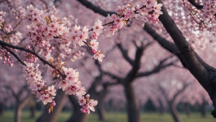 Blooming cherry blossom trees in springtime. Nature and floral scene. Tranquil and picturesque view of blooming flowers and trees.