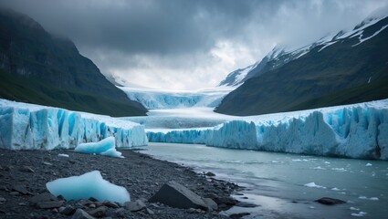 Glacial landscape with icebergs, mountains, and a glacier flowing into a fjord under a cloudy sky.