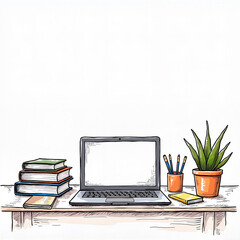 office desk with a laptop in the middle. books and flowers on the sides