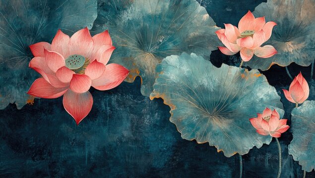Lotus blossoms on dark teal leaves