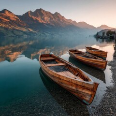 Wooden Boats on a Calm Alpine Lake at Sunrise