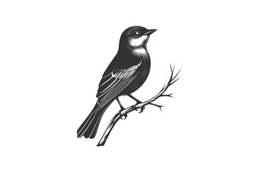 Obraz premium Perched songbird with white throat and dark plumage shown in profile on thin branch, isolated on a transparent background