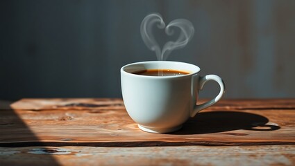 Obraz premium A white coffee cup with heart shaped steam sitting on a wooden table in soft morning light setting