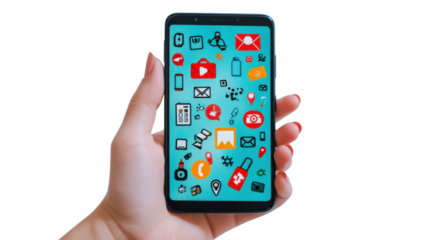 Close-Up of Human Hand Holding Smartphone Displaying Spam Warning Icons Isolated on White Background Representing Cybersecurity and Digital Threats