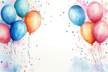 watercolor birthday frame with balloons, confetti, and streamers on a white background, leaving space for personalized text, Generative AI
