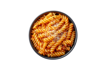Twisted fusilli pasta coated in rich tomato sauce, topped with grated cheese, served in black bowl, isolated on a transparent background