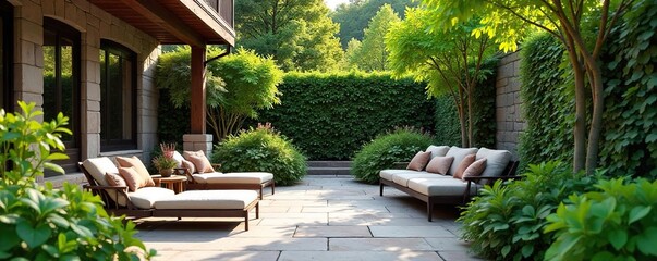 Serene garden patio scene with lush greenery, stone paving, and comfortable outdoor seating  Perfect for relaxation and al fresco dining  Enjoy the tranquil ambiance ,  summer, patio,  sunshine