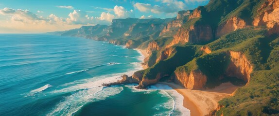 Coastal landscape with cliffs, beach, and ocean view during sunset. Scenic view of nature and coastline with cliffs.