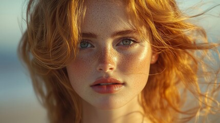 Fototapeta premium Closeup Portrait of a Young Redhead Woman with Freckles