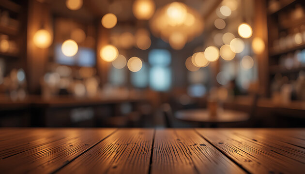 Rustic wooden table in focus with a blurred, warm-lit cafe or restaurant interior, perfect for showcasing products or text in a cozy, inviting setting. - Powered by Adobe