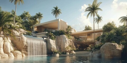 Naklejka premium Modern tropical house with waterfall and pool nestled in rocky landscape