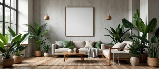 Fototapeta premium Mockup in Interior concept. Modern interior with plants, natural light and a blank frame on the wall.