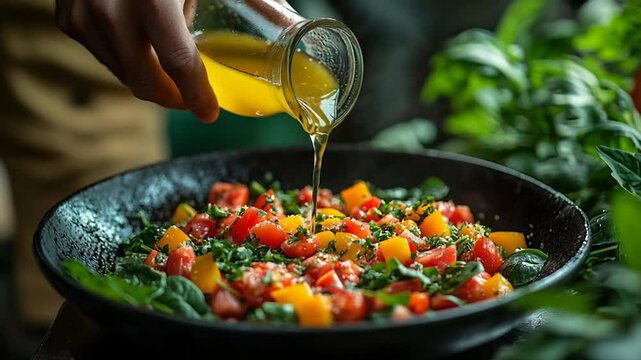 Colorful vegetable saute with oil
