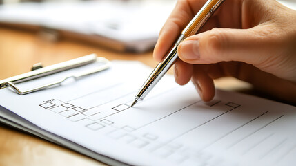 Hand Holding Pen Over Checklist on Clipboard
