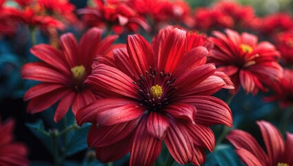 Fototapeta premium Close-up of red flowers with vibrant petals and dark centers, surrounded by green leaves.