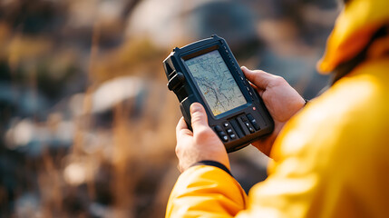 Person Using GPS Device in Outdoor Setting