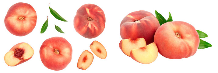 Ripe chinese flat peach fruit and half with leaf isolated on white background. Top view. Flat lay