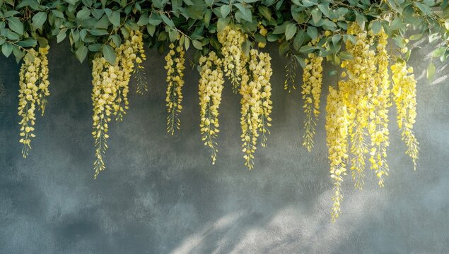 Yellow flowers cascade from branches against a textured gray wall - Powered by Adobe