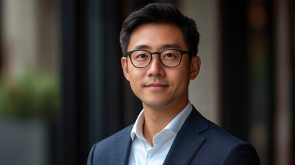 Fototapeta premium Confident businessman in tailored suit, wearing glasses, standing in urban setting with soft focus background