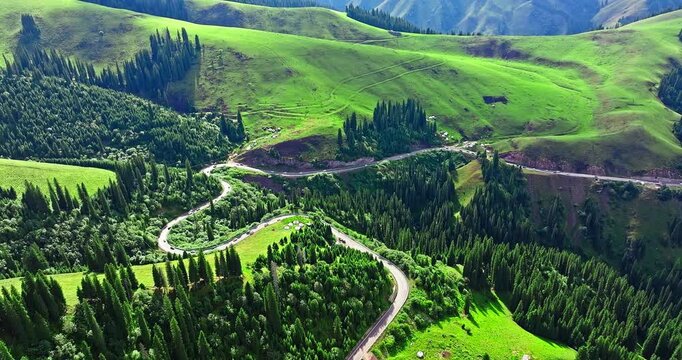 Aerial view of a winding road and green grassland with mountain natural landscape in Xinjiang. Duku highway is the most beautiful highway in China.