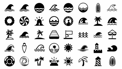 A seaside haven illustrated Summer s embrace with sun waves and tropical icons Clean vector on white