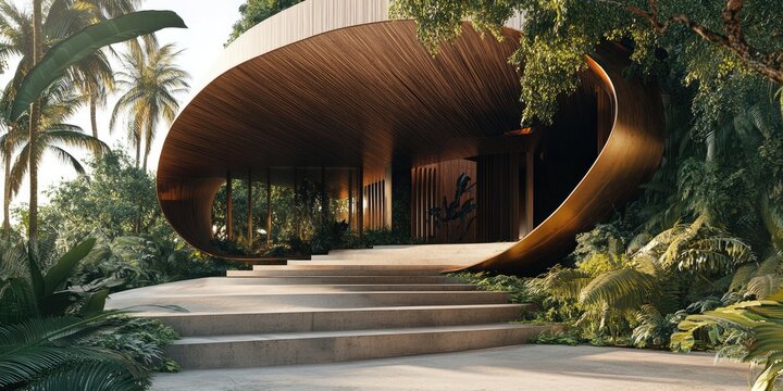 Lush tropical entryway with a curved wooden roof