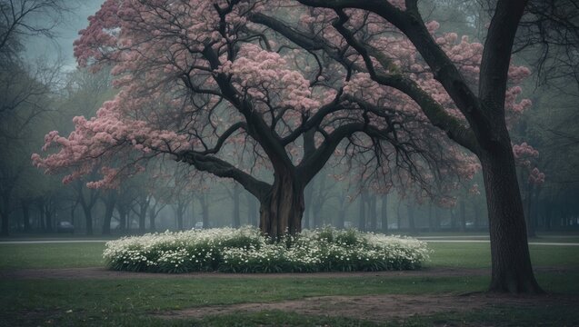 Pink blossoming tree in park with white flowers at its base, surrounded by other trees and a misty background.