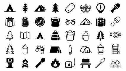 Fototapeta premium Celebrating the Journey with Camping Gear from Tent to Trail in Essential Outdoor Adventure Icons
