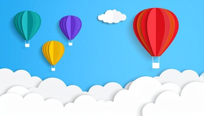 Obraz premium Colorful hot air balloons flying in a summer sky with clouds and a rainbow, a fun cartoon illustration of travel and adventure