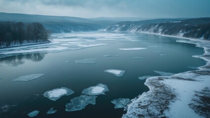 A river with floating ice and snow-covered banks in a cold winter landscape, with trees and hills in the background.