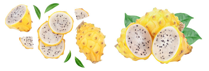 Dragon fruit, Pitaya or Pitahaya yellow with leaf isolated on white background. Top view. Flat lay