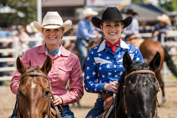 Two Cowgirls Riding Horses in a Rodeo Event