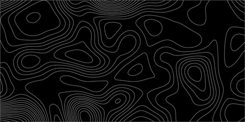 Abstract white on black background with Topographic line map pattern. abstract wavy and curved lines background. linear map. Dark seamless design. Bold tile able isolines pattern. Vector illustration.
