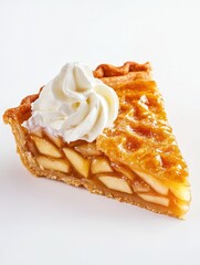 Dutch Apple Pie (Appeltaart) Slice with Whipped Cream. Golden Crust, White Table