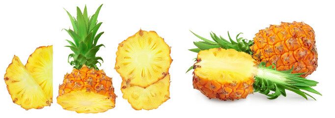 pineapple half with slice isolated on white background with full depth of field. Top view. Flat lay