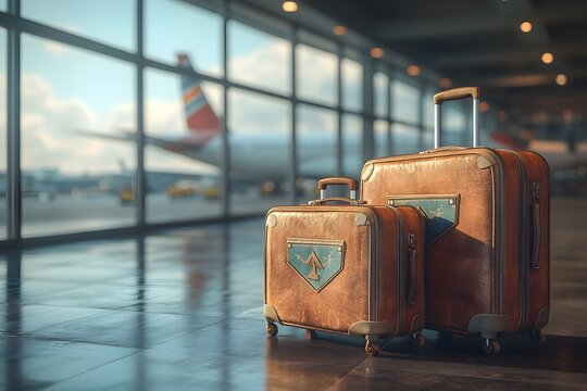 Vintage Suitcases Await Departure at Airport Terminal with Airpl
