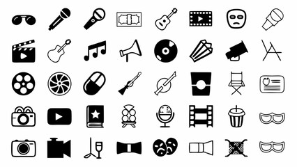 A collection of artistic and performance icons representing music film and theatre with simple