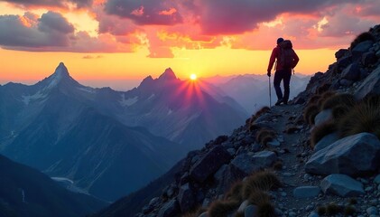 Silhouette of a lone mountaineer hiking a steep, rocky mountain trail at sunset Epic view of rugged peaks and dramatic sky Challenging climb, adventurous spirit , peak, wilderness