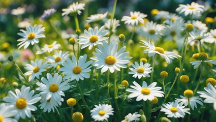 Fototapeta premium A field of daisies with white petals and yellow centers, blooming amidst green grass and foliage.
