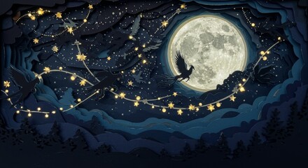 A night sky scene with glowing stars and mythical creatures.