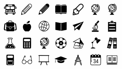 A collection of school icons representing learning discovery and the joy of education in stark black