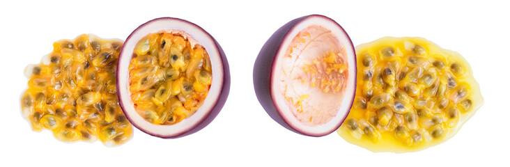 passion fruits half isolated on white background. maracuya . Top view. Flat lay