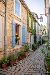 Quaint Alleyway with Rustic Houses and Potted Plants