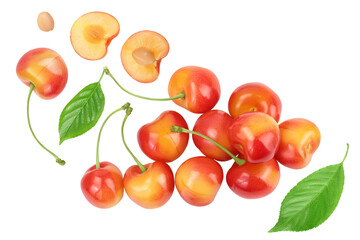 yellow-red sweet cherry isolated on white background  . Top view. Flat lay