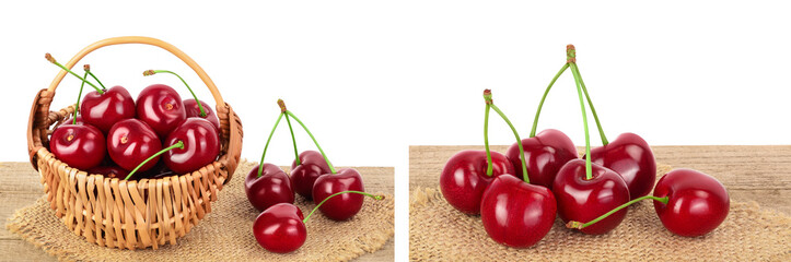 red sweet cherry in a wicker basket on wooden table isolated on white background with  full depth of field