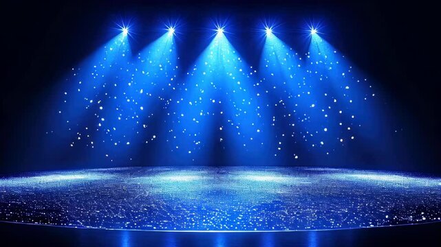 Blue stage. Bright lights. Sparkling stars. Circular platform. Studio photo. Spotlight effect. Event presentation. Performance scene. Background element. Entertainment industry. Theater venue. Concer